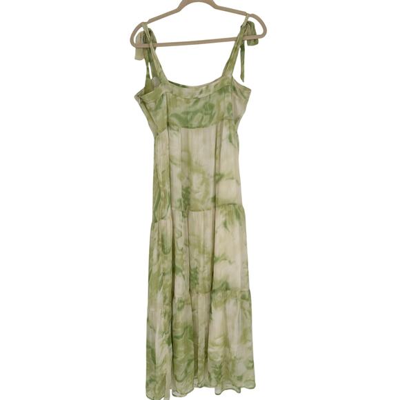 Line and Dot Palm Maxi Dress Cream Green Tie Straps Bohemian Beach Vacay M - Picture 3 of 9